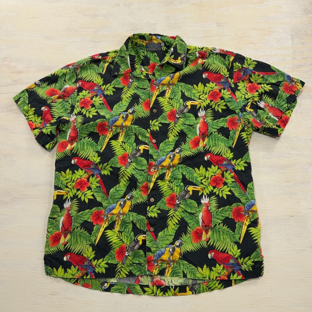 VTG High Seas Trading Co Shirt Tropical Parrot Toucan Floral Black Mens Large